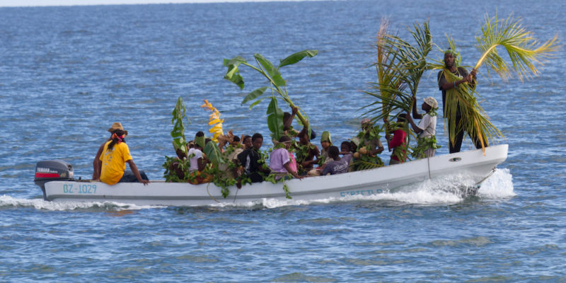 Garifuna people celebrating their settlement day with musical instruments and native vegetation parading on the beach, November 11 in Placencia Belize