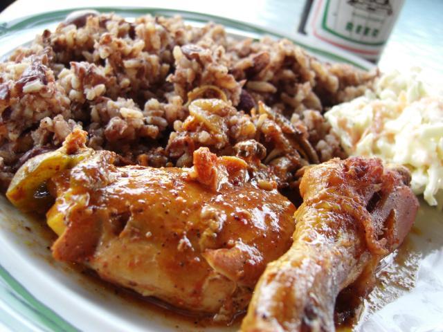 Belizean style rice and beans served with chicken and potato salad.  Must try dishes when visiting Belize.