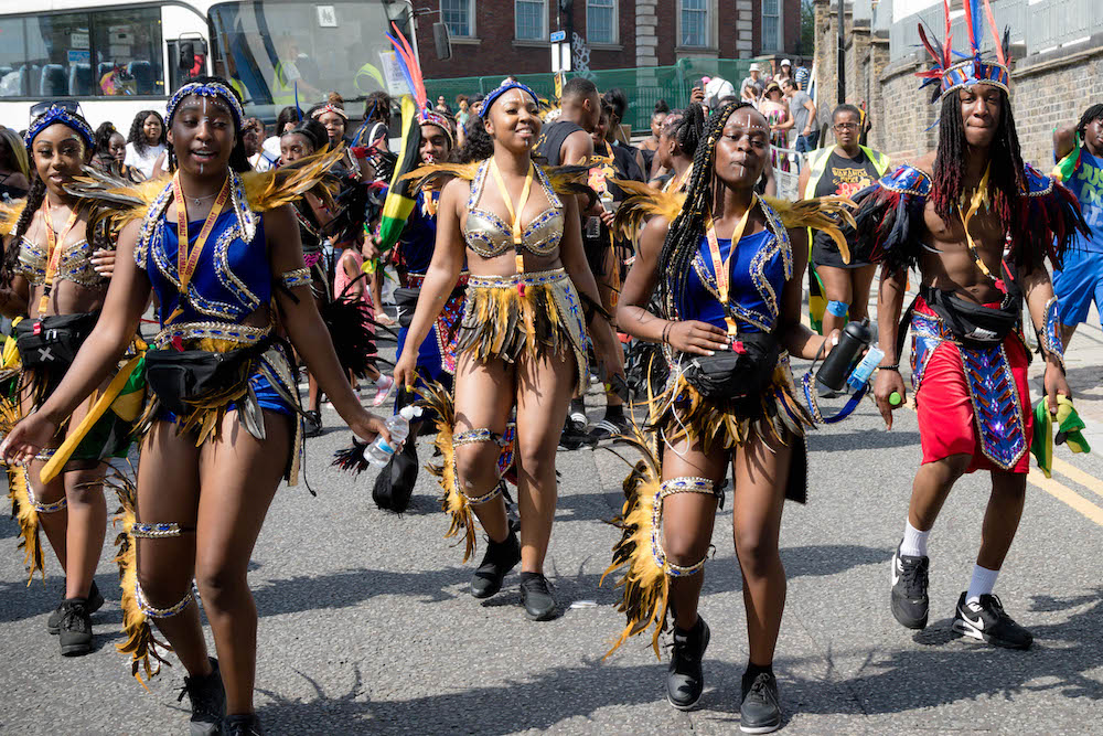 A group of masqueraders at Notting Hill Carnival in London, United Kingdom.