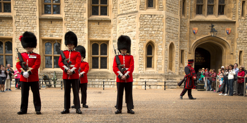 Image of the famous Beefeaters in at the Tower of London, England.