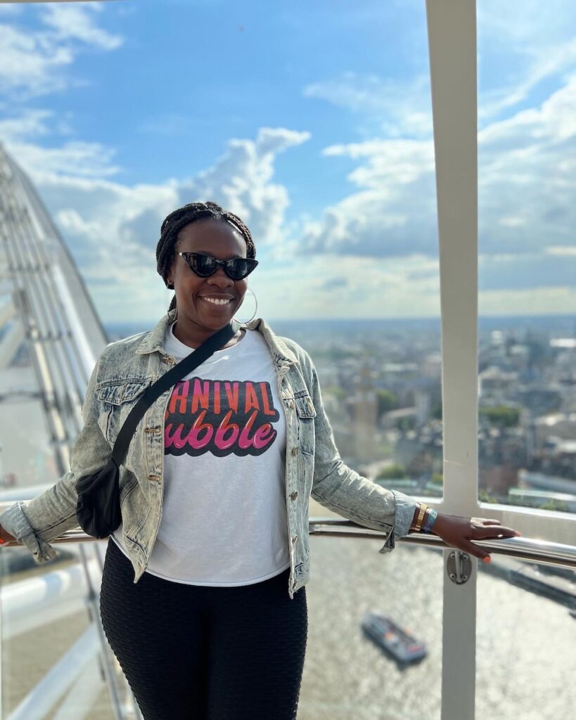 Image of Lady Chin posing in the London Eye in Central London.