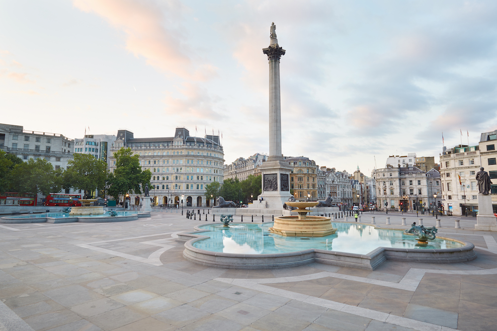 Empty Trafalgar square, early morning in London