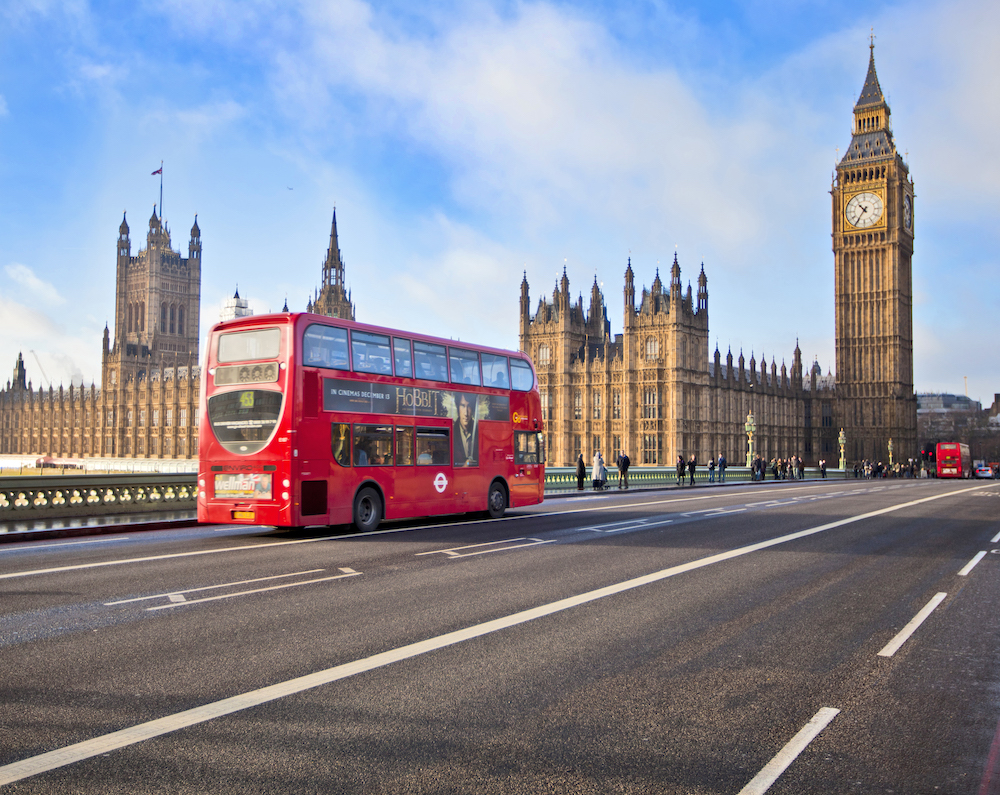 London bus crossing Westminster Bridge in the United Kingdom.