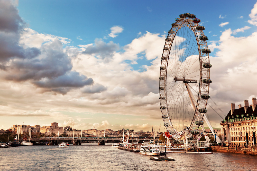 London, England the UK skyline in the afternoon. The London Eye on River Thames