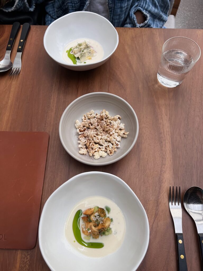 Image of Sea snail ceviches, heart of palm juice, parsnip and popcorn at Pujol in Mexico City.