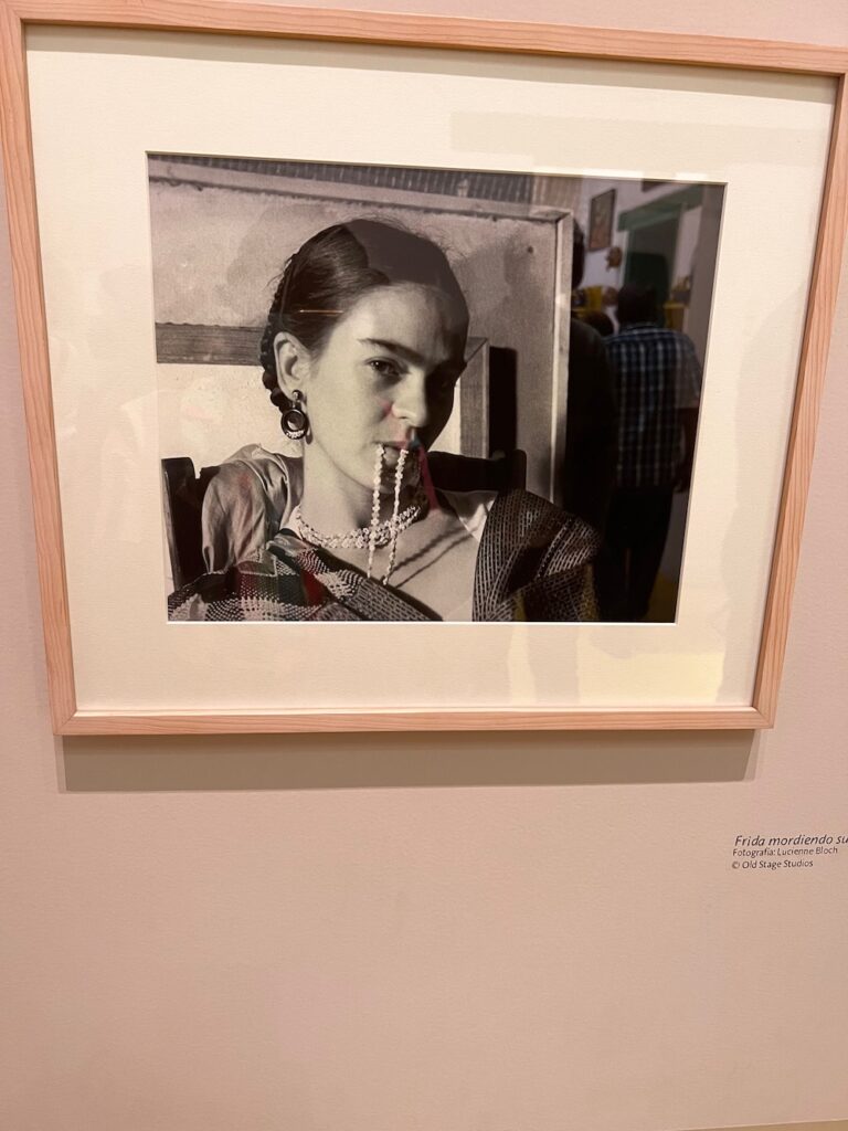 A picture of Frida Kahlo inside the Frida Kahlo museum. 