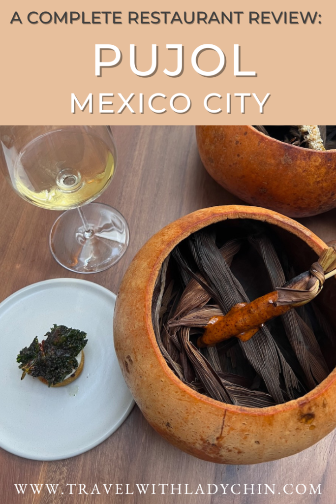 Pinterest pin for a restaurant review of Pujol in Mexico City. 