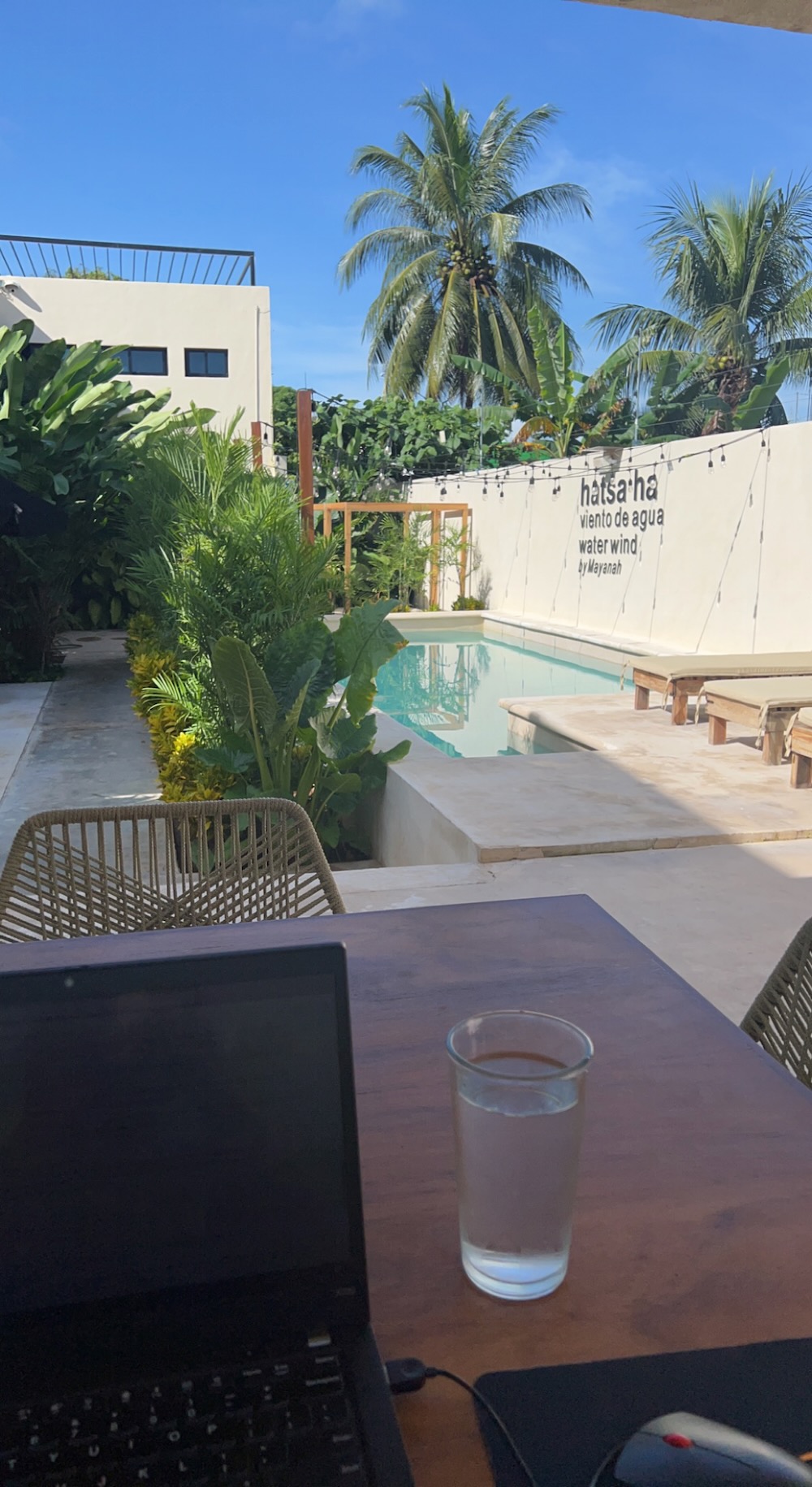 laptop and glass of water on wooden table with lush green plants surrounding a pool. 