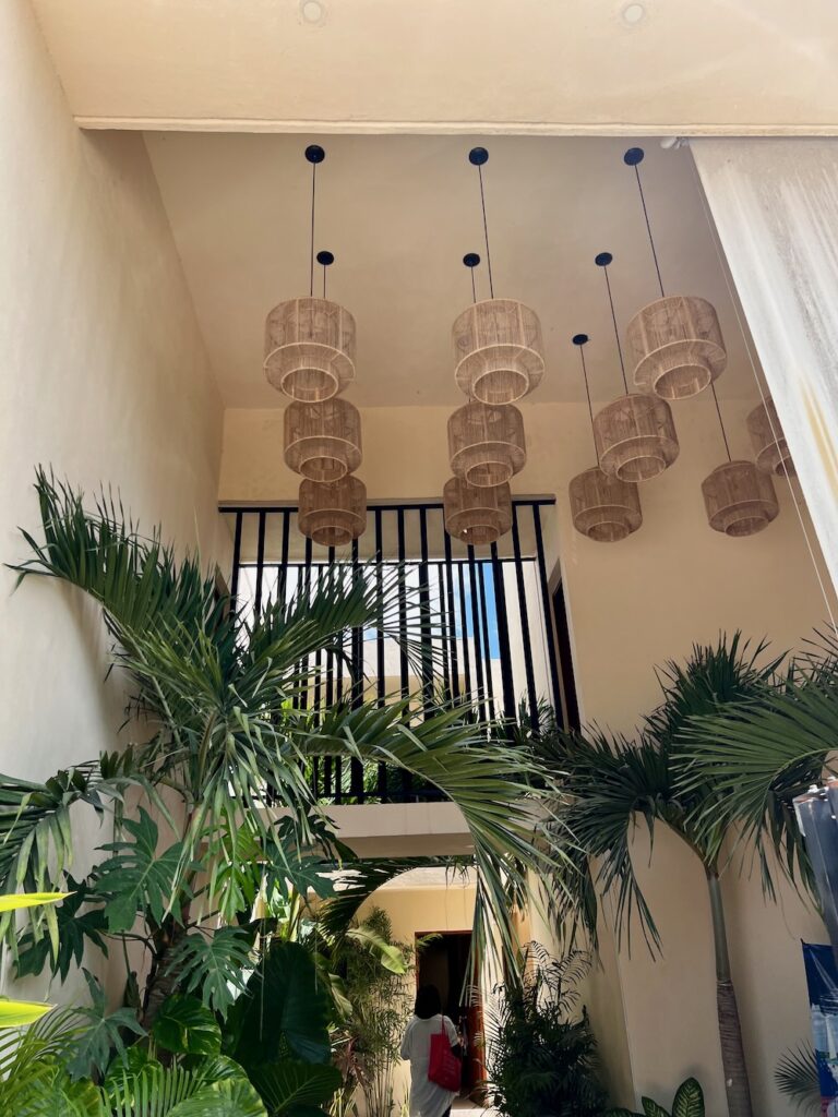 Image of plants and lights at the Mayan Bacalar apartment hotel in Bacalar, Mexico.