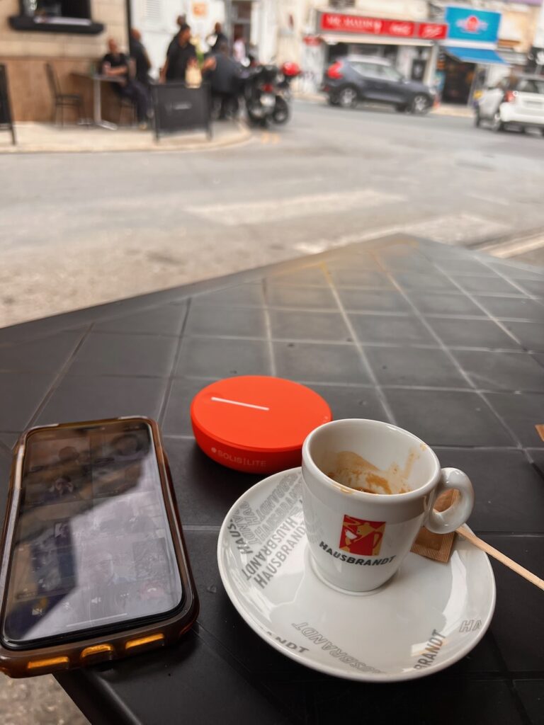 An afternoon spent working remotely while traveling with an espresso, mobile hotspot and Iphone. 