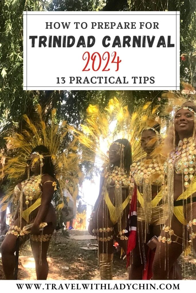 Pinterest pin of Black women dressed in yellow and gold costume at Trinidad Carnival. 13 Practical Tips.