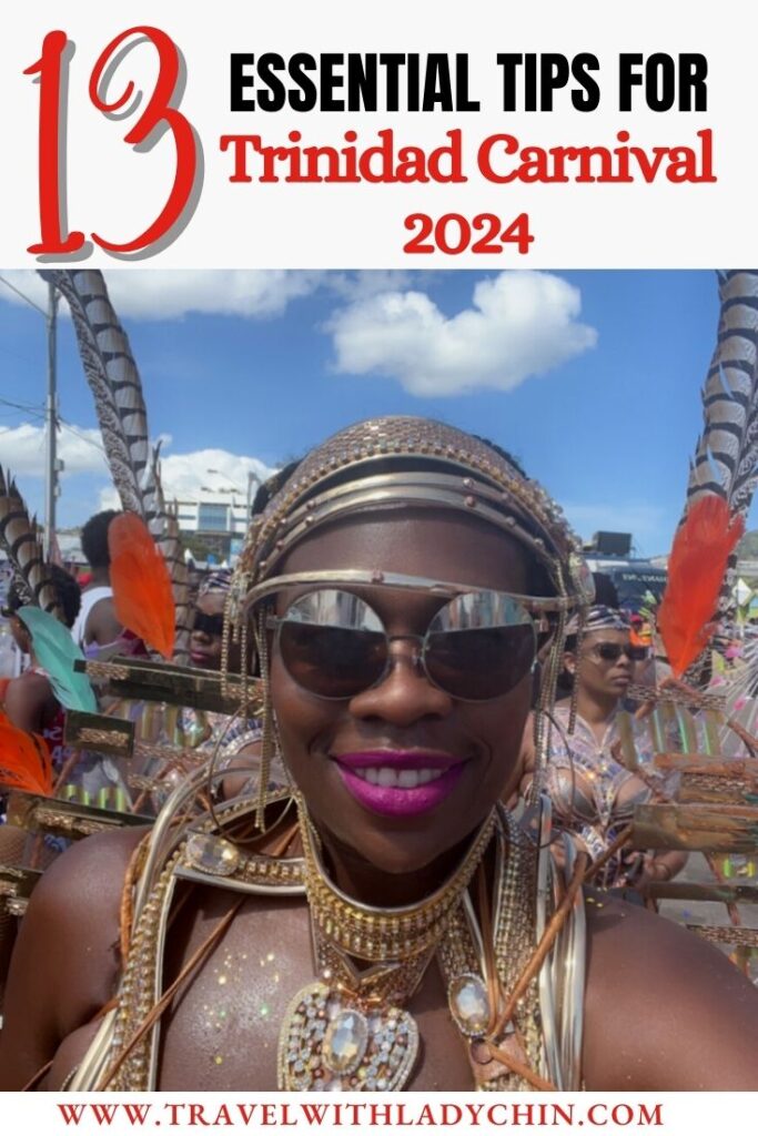 Pinterest Pin of Black woman with pink lipstick dressed in a costume at Trinidad Carnival. 