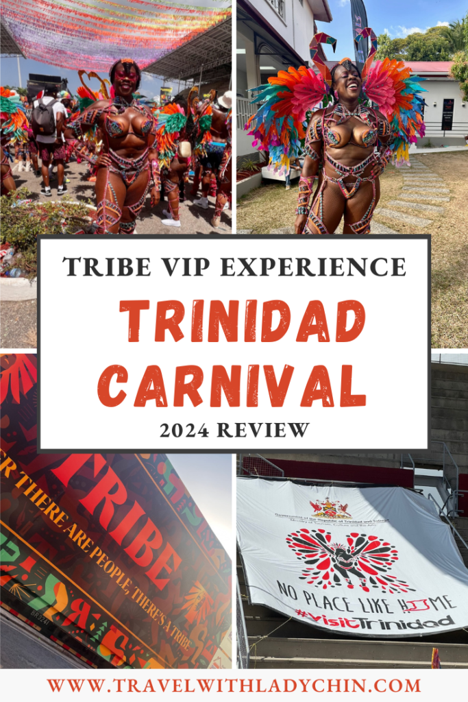 Pinterest pin highlighting a pretty black women dressed in a colorful costume with features for Trinidad Carnival.  A Tribe Carnival sign and a No place like home sign.