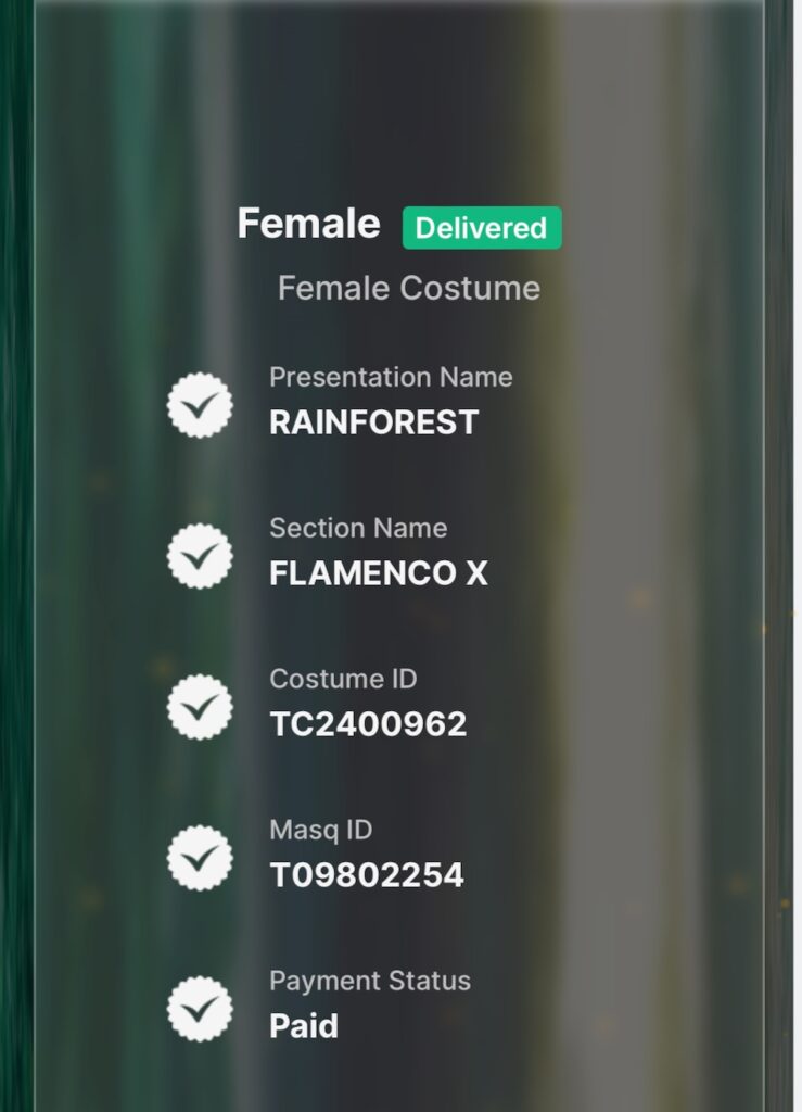 Order receipt of Female Costume in Flamenco X section  including presentation name, costume ID, Masq ID and payment status with Tribe for Trinidad Carnival 2024. 