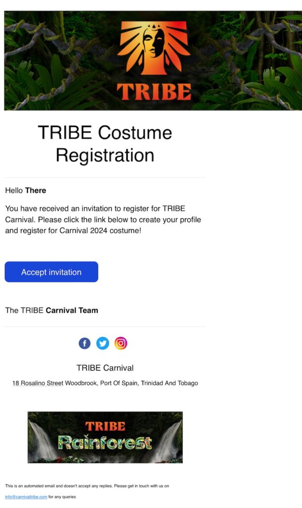 TRIBE costume registration and invitation to sign up for Trinidad Carnival 2024.   