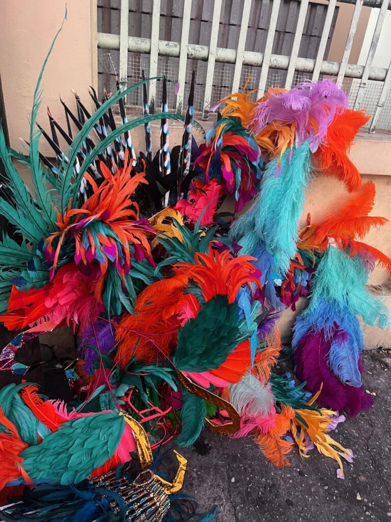 feather packs on the streets of Port of Spain during Trinidad Carnival 2024. 