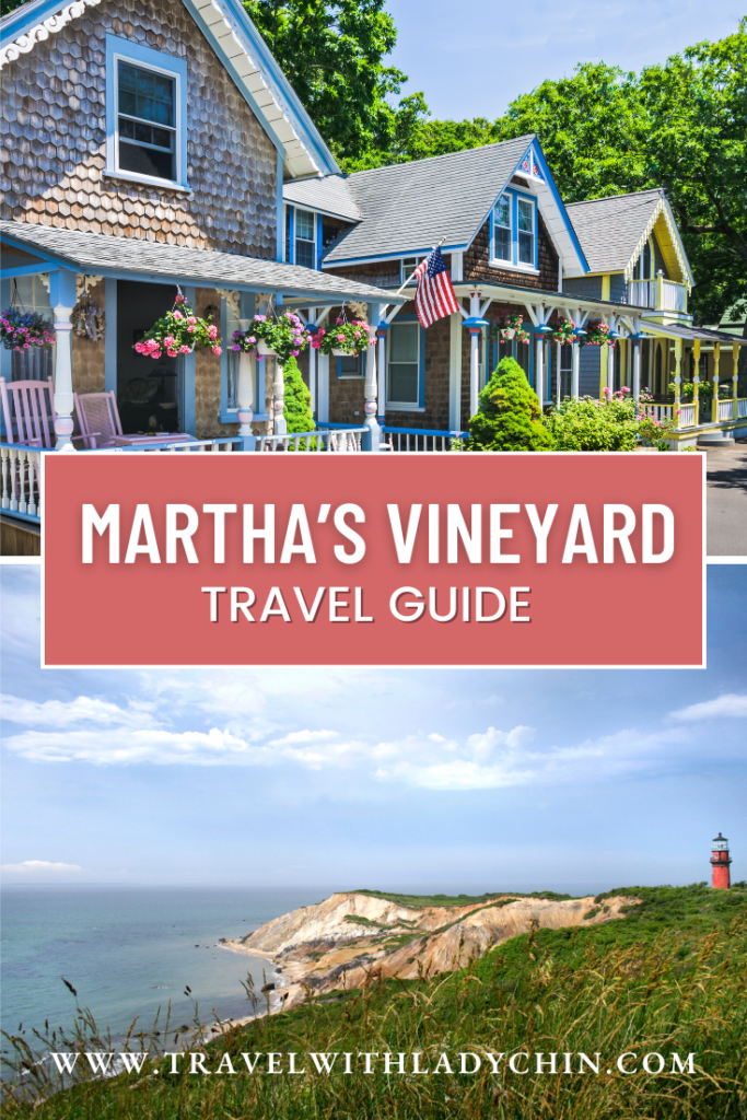 Martha's Vineyard Travel Guide.  Vibrant Gingerbread houses on a sunny day with American flag hanging from one house.  Aquinnah cliffs and lighthouse overlooking the Vineyard Sound. 