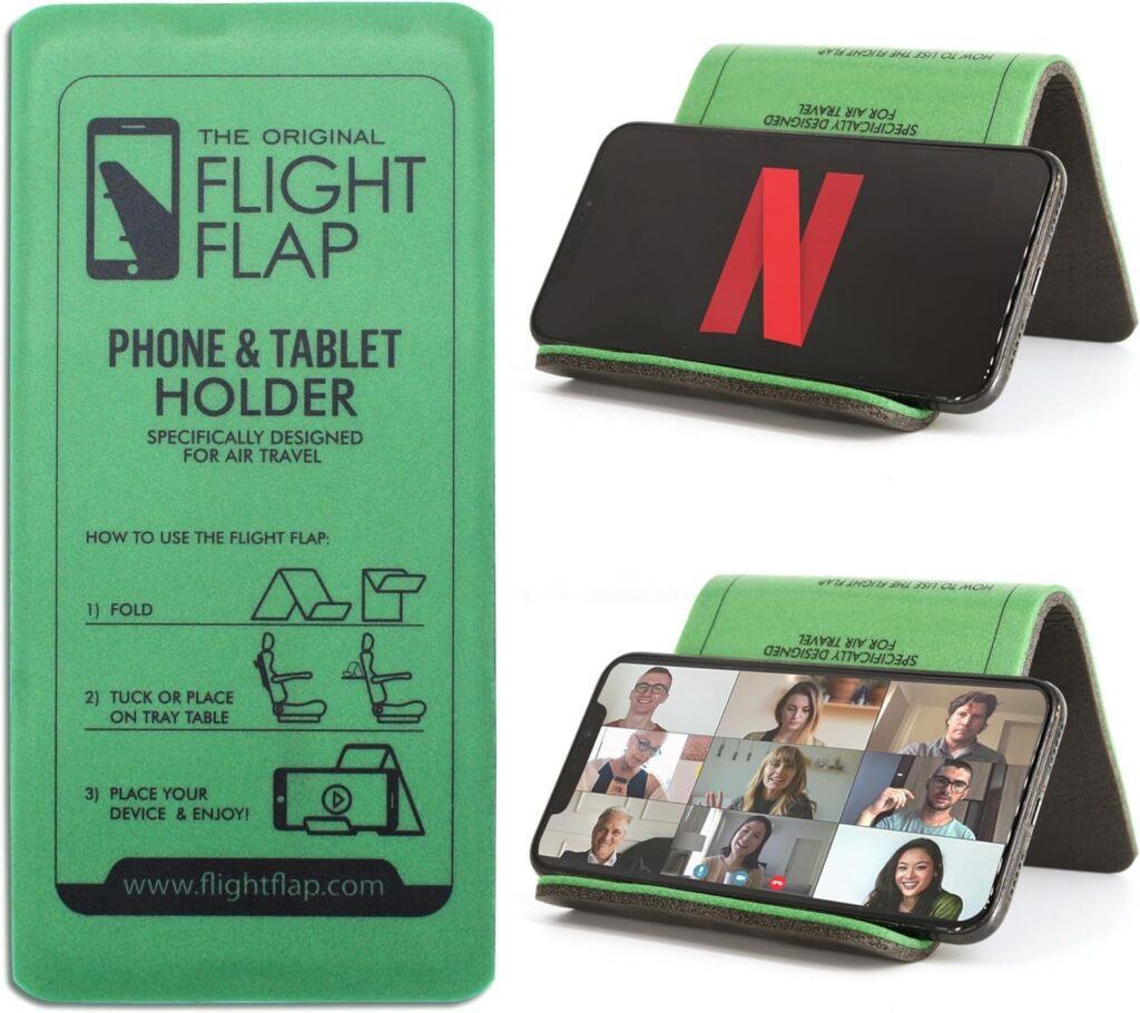 green foldable phone and tablet holder for the plane.