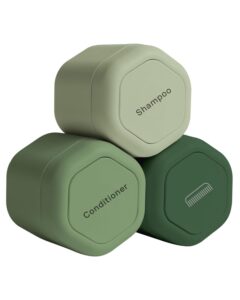 3 stacked green cadence travel containers. 