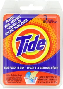 Tide detergent sink packets for travel.