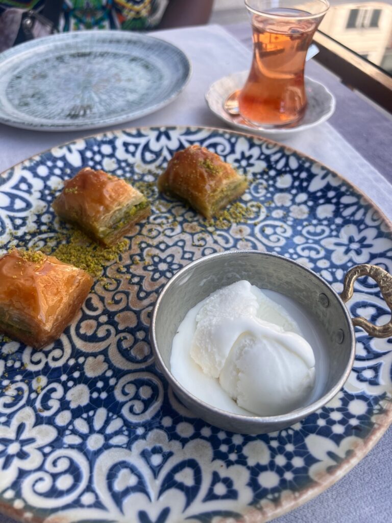 Baklava, ice cream and apple tea in Istanbul, Turkey.