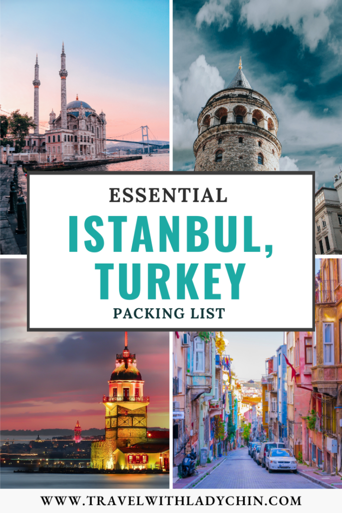 Essential packing list pin with images of famous landmarks like the Galata Tower, Maiden tower in Istanbul, Turkey.  What to pack for Istanbul. 