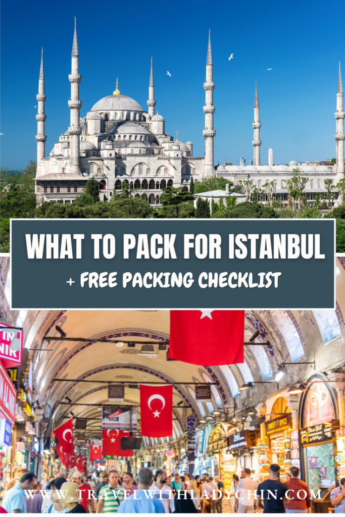 Pinterest Pin of the Blue Mosque and inside the spice bazaar in Istanbul. What to pack for Istanbul. 