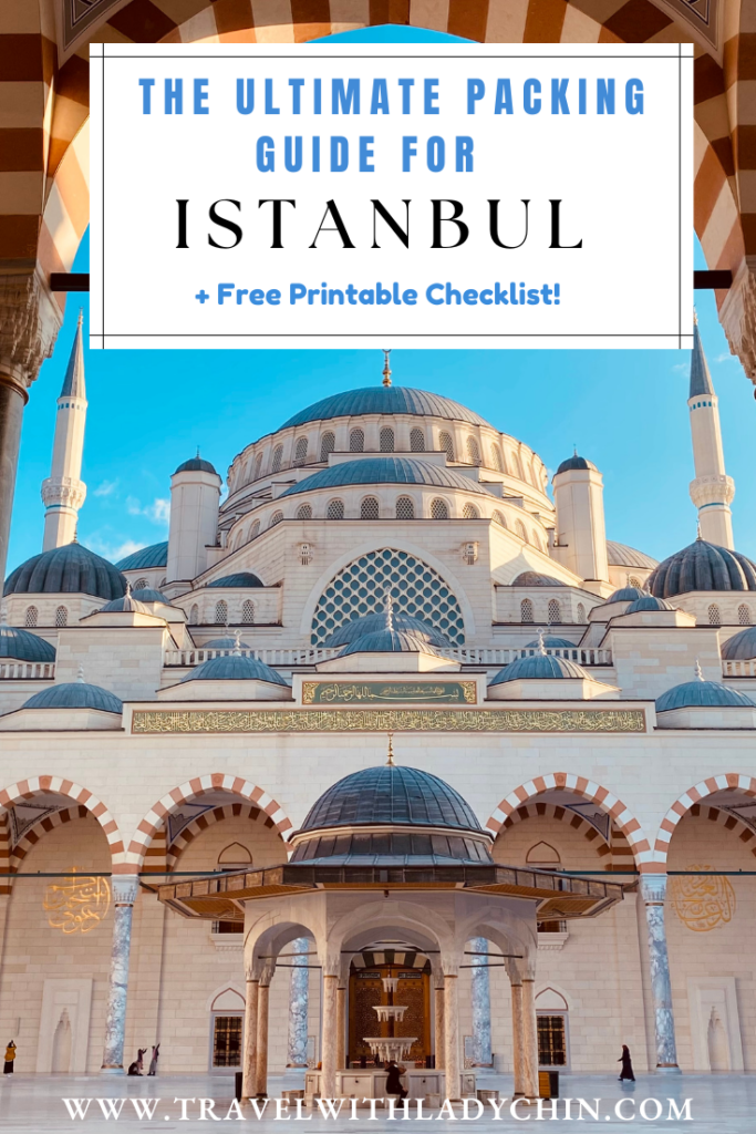 Pinterest Pin of the Blue mosque in Istanbul, Turkey. What to pack for Istanbul. 